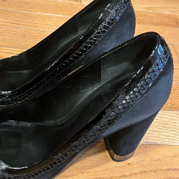 Tory Burch Women's Black Leather Peep Toe Wedge Pumps Size 8M - Picture 8 of 11